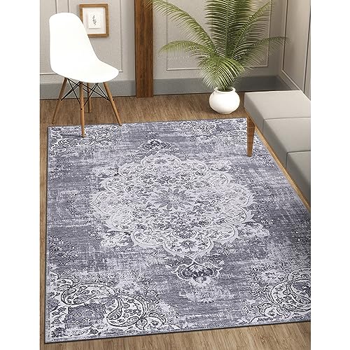 CAMILSON Machine Washable Area Rugs with Non Slip (Anti-Slip) Backing for Living Room Bedroom, Distressed Vintage Washable Rug 5x7, Stain and Water Resistant, Bohemian Indoor Carpet (5 x 7, Gray) - 5'3'' x 7' - Grey