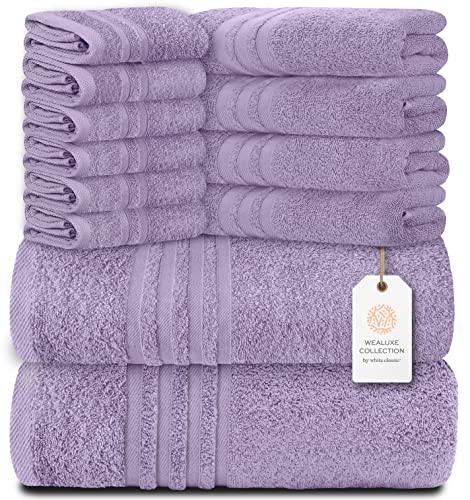 White Classic 12 Piece Bath Towel Set for Bathroom - Wealuxe Collection 2 Bath Towels, 4 Hand Towels, 6 Washcloths 100% Cotton Soft and Plush Highly Absorbent, Soft Towel for Hotel & Spa - Lavender - Lavender