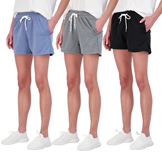 Real Essentials 3 Pack: Womens Cotton French Terry 9" Bermuda Short Pockets-Casual Lounge Athletic (Available in Plus) - Standard 3" Inch Inseam - Standard - Small - Set 4