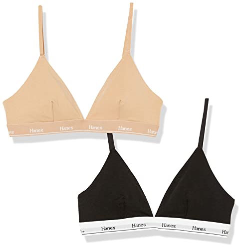 Hanes Women's Originals Crop Bralette Pack, Breathable Stretch Cotton Bras, 2-Pack - Triangle - X-Small - Black/Deep Glow