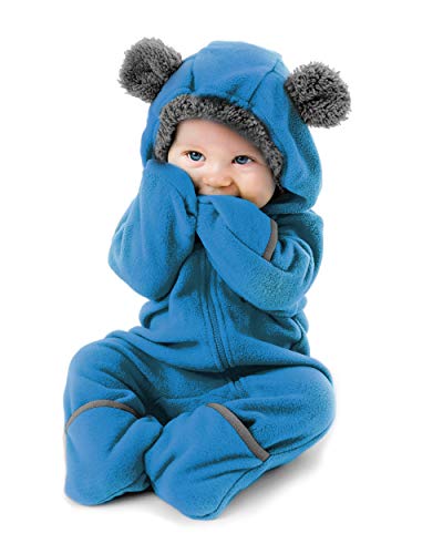 Fleece Baby Bunting Bodysuit – Infant One Piece Kids Hooded Romper Outerwear Toddler Jacket - 3-6 Months - Bear - Blue