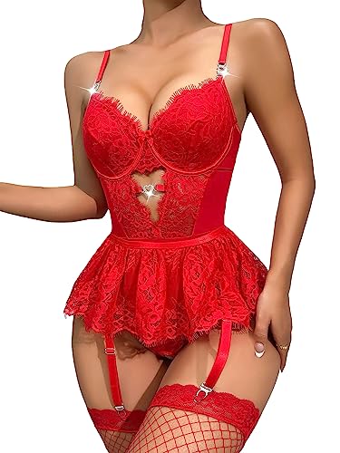 GORGLITTER Women's 4 Piece Lingerie Set Floral Lace Bodysuit Lingerie with Garter Belt and Stocking - Medium - Red