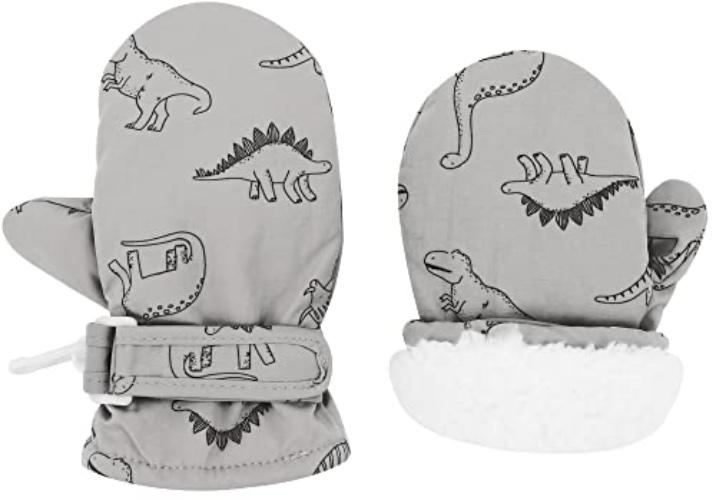 Slivery Color Toddler Gloves Kids Mittens Winter Warm Lined Fleece Gloves Waterproof Snow Baby Mitten for Boys Girls - 6-18M - Grey Dinosaur