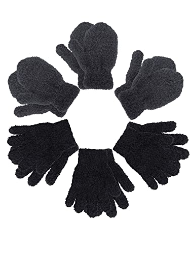 SATINIOR 6 Pairs Toddler Knitted Gloves Kids Winter Warm Stretchy Mittens Soft Lightweight Mittens for Boys and Girls - Black, Dark Gray - for 1-3 Years Old