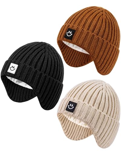 3 Pack Baby Beanie Hats with Earflaps, 2 Size Baby Winter Hat for Infant Toddler Kids, Fleece Lined Knit Hat for Girls Boys - 6-24 Months - Black+beige+caramel