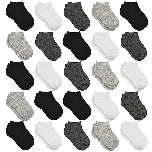 SPTRAMLE Kids Socks, 25 Pairs Toddler Socks Low Cut for Boys Girls(0-14 Years Old), 25 Pairs Children Ankle Socks Set - 1-2T - #1 Black+white+grey+darkgrey 25pk