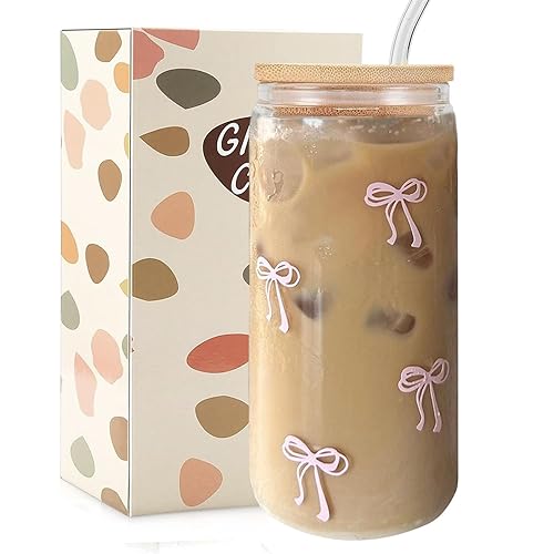 Mikopei Coquette Aesthetic Glass Cups with Lids and Straws - Pink Bow Iced Coffee Cup Decor, Cute Tumbler Smoothie with Cleaning Brush&Gift Box, Gifts for Girls Women Friends, 16 oz