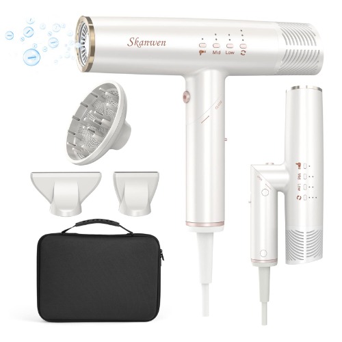 Professional Ionic Hair Dryer With Diffuser, Travel Blow Dryer, Lightweight Foldable Hair Blow Dryer, Brushless Motor 120,000RPM for Fast Drying, Constant Temperature & Low Noise & Reduce Frizz(White)
