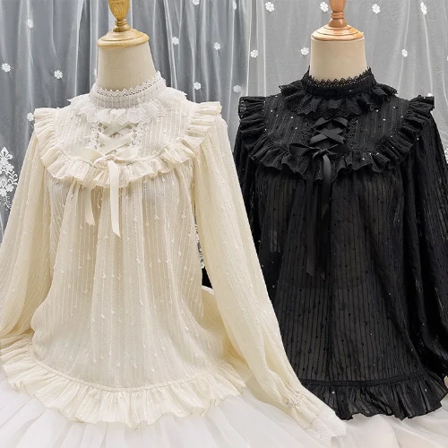 Victorian Vintage Lolita Blouse Elegant Women Sweet High Collar Ruffle Lace Bandage Tops Female Gothic Long Sleeves Loose Shirts - AliExpress 200000345
