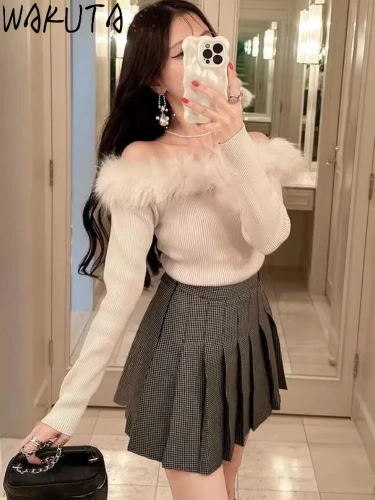 Wakuta Slash Neck Long Sleeve Solid Jumper Shoulder Strapless Sweet Casual Fresh Sweaters Japan Patchwork Moda Elegant Tops - AliExpress 200000345