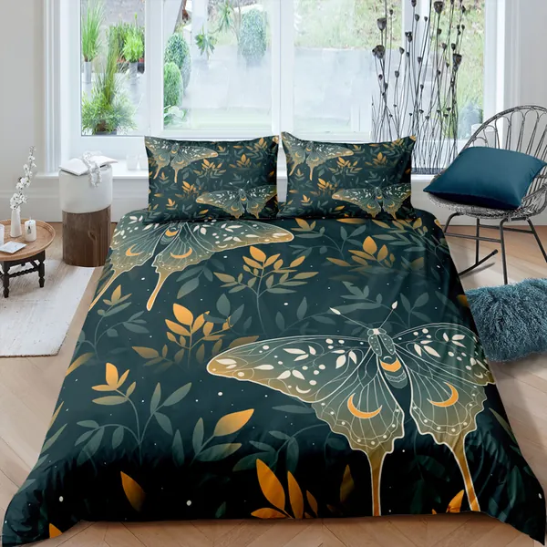 Celestial luna moth dark green bedding, witchy decor dorm bedding, aesthetic duvet, boho bedding set full king queen, astrology gothic art