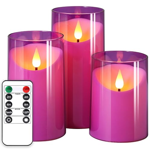 NURADA Flameless Candles: 3D Wick Unbreakable Acrylic Battery Operated LED Pillar Candles - Battery Candles with Remote and Timer for Table Wedding Centerpieces Party Decor 3 Pack Purple - Purple - 4"x5"x6"