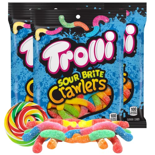 Sour Brite Crawlers Sugar Gummies, 3 Pack Sharable Gummy Candies for Movie Night, Gift Stuffers, and More, 5 Ounce Candy Bags