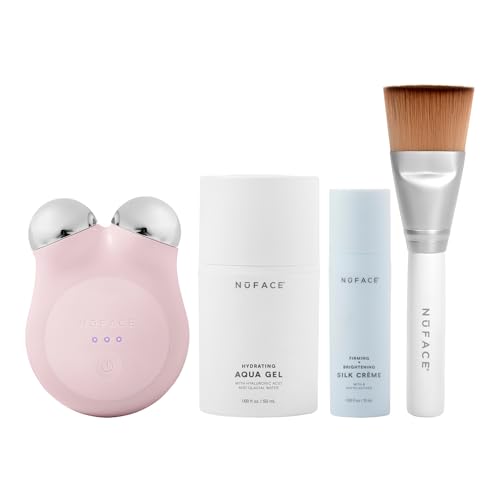 NuFACE MINI+ Microcurrent Facial Device Kit - FDA Cleared Face Sculpting & Skin Tightening Device to Contour, Lift & Tone + Microcurrent Gel Activator, Silk Crème & Applicator Brush - Sandy Rose - Sandy Rose