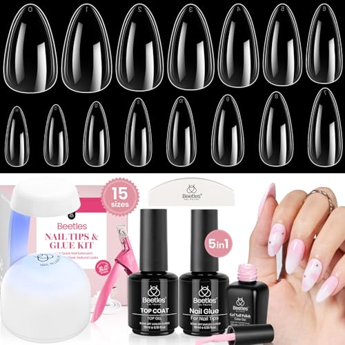 Beetles Gel Nail Kit 600Pcs 15 Sizes Medium Almond Nail Tips with Pink Color Gel Top Coat,Soft Clear Nail Tips Set 5 In 1 Nail Glue Uv Nail Lamp Easy Nail Extension Set DIY Manicure Art Gift for Women - 0-1-600PCS Medium Almond(clear kit）