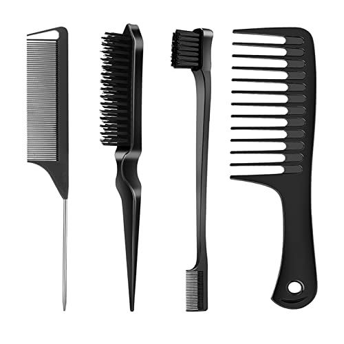 SWEET VIEW 4 Pcs Hair Styling Brush Set with 1 Pcs Edge Brush 1 Pcs Bristle Hair Brush 1 Pcs Rat Tail Comb 1 Pcs Wide Tooth Comb, Hair Comb Set for Slick Baby Hair and Flyaways - Black - Black 2