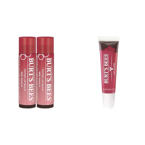Burt's Bees Lip Tint Balm with Long Lasting 2 in 1 Duo Tinted Balm Formula & Lip Gloss, Lip Shine for Women, 100% Natural Makeup, Pucker - Red Dhalia + Lip Gloss - 2 Count (Pack of 1)
