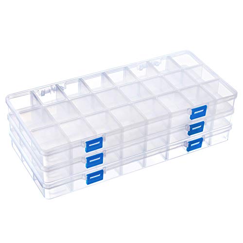 BENECREAT 3 Packs 24 Grids Large Transparent Plastic Storage Box Organizer with Adjustable Dividers for Beads, Jewelry and Other Craft Accessories - 12.8x6.2x1.2 Inches - 12.8x6.2x1.2 Inch - 24 Grids