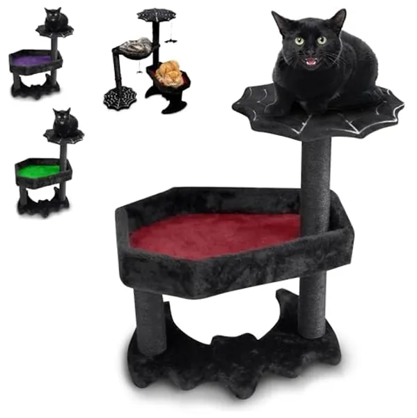 Gothic Cat Tree with Coffin Cat Bed, Gothic Cat Tower, Coffin cat Tree with Sisal Scratching Posts for Halloween cat, Small Size, Black with Red Littlesy