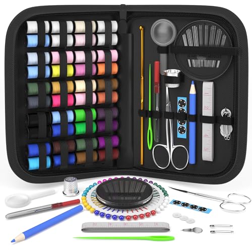 Coquimbo Sewing Kit for Traveler, Adults, Beginner, Emergency, DIY Sewing Supplies Organizer Filled with Scissors, Thimble, Thread, Sewing Needles, Tape Measure etc (Black, L) - Black - L