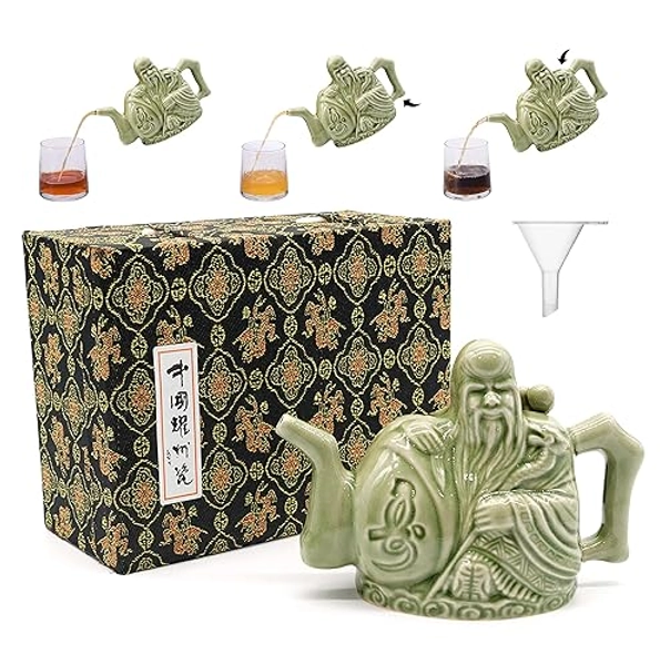 LURRIER Assassins Teapot, Handmade Chinese Ceramic Tea Kettle, One Pot Three Drinks,Two Chambers Teapot, Drink Dispenser, Magic Trick Teapot with Gift Box, 16 oz(Green)