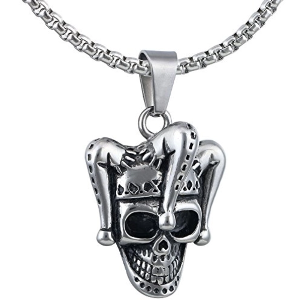 ATAZUA Eosing Silver Joker Clown Skull Biker Punk Mens Stainless Steel Necklace + Rolo Chain