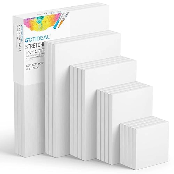 GOTIDEAL18Pcs Stretched Canvases for Painting Multi Pack 4x4, 5x7, 8x10,9x12, 11x14 Set, Primed White - 100% Cotton Artist Blank Canvas Boards for Painting, Acrylic Pouring,Oil Paint