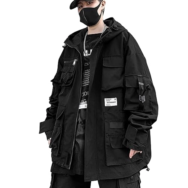 XYXIONGMAO Gothic Kleidung Taktische Cyberpunk Techwear Reißverschluss Jacke Windbreaker Kapuze Streetwear Jacken für Männer