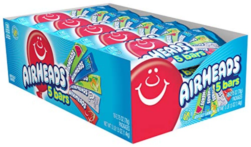 Airheads Candy, Assorted Flavors, 5 Individually Wrapped Full Size Bars per Pack, Box of 18 Packs