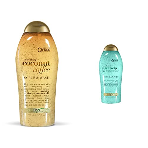OGX Coffee Scrub and Wash, Coconut 19.5 Fl Oz & Sea Kelp & Hyaluronic Acid Body Scrub & Wash 19.5 fl oz
