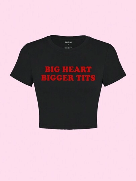 SHEIN EZwear Women's Summer Short Sleeve Casual T-Shirt With Slogan Print BIG HEART BIGGER