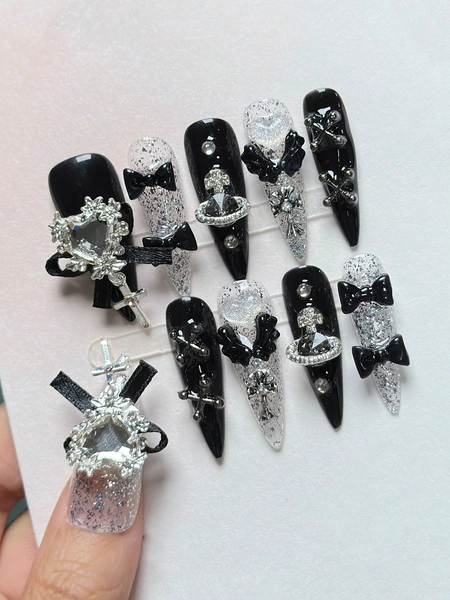 ROMWE Goth 10pcs Nail Art Stickers With Rhinestone Decorative Bow & 1pc Double-sided Adhesive Tape