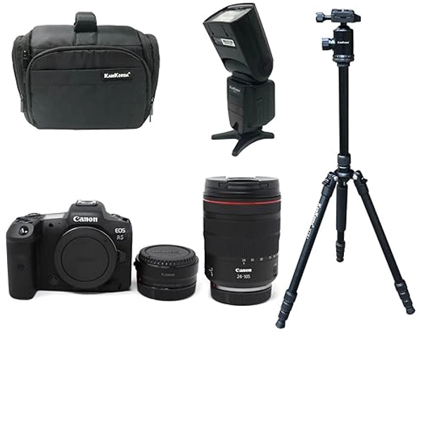 KamKorda Canera Bag + Flash + Tripod + R5 Mirrorless Digital Camera + RF 24-105 f4L Lens + R Mount Adapter, 45MP Full-Frame CMOS Sensor, DIGIC X Processor
