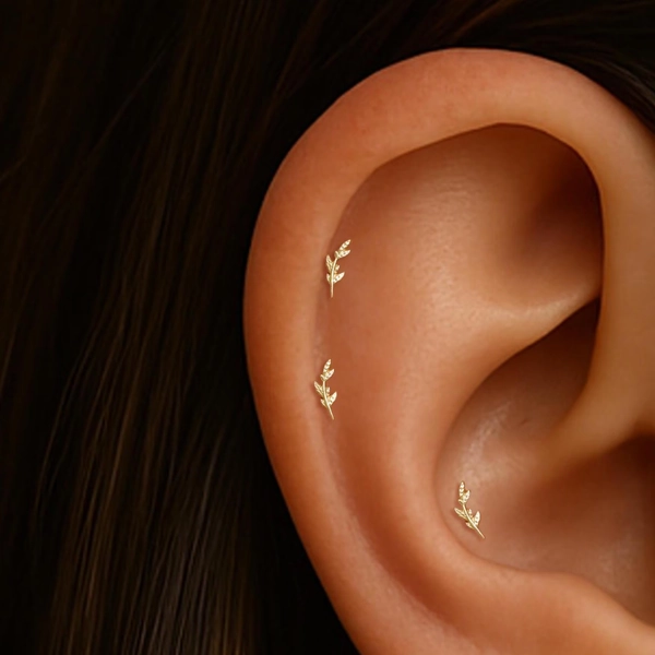 14K Solid Gold Leaf Shaped Helix Push Back/Gold Branch Tragus Cartilage Stud/Plant Conch Threadless Push In/Fern Leaf Nose Labret Piercing