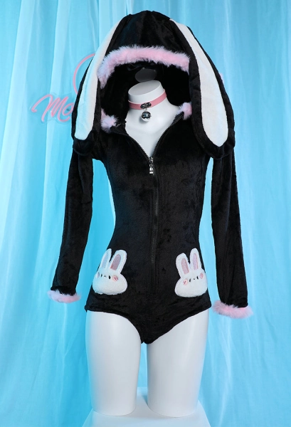 Cute Bunny Furry Bodycon Romper Kawaii Black Rabbit Bodysuit with Choker Tail and Stocks