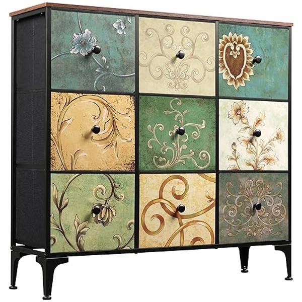 WLIVE 9 Drawer Dressers for Bedroom, Tall Dresser for Closet, Living Room, Hallway, Dressers Bedroom Furniture, Dresser Organizer, Storage Tower with Fabric Drawers, Metal Frame, Floral Painted