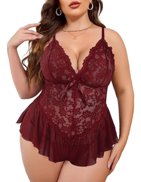 Avidlove Plus Size Lingerie for Women Lace Bodysuit One Piece Teddy Babydoll Mesh Chemise V Neck Sleepwear L-5XL