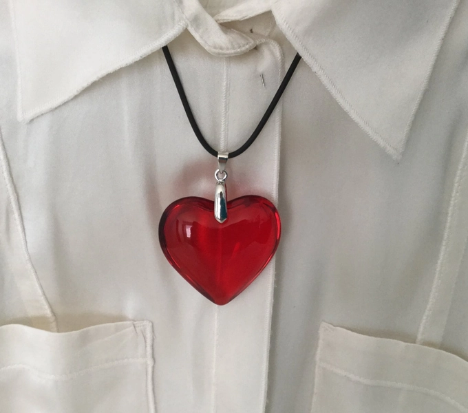 Large Red Glass Heart Necklace, Deep Red Puffy Heart Pendant with Black Leather Cord, Valentine&#39;s Day, Mother&#39;s Day Necklace.