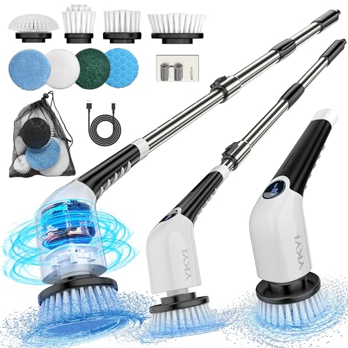 YKYI Electric Spin Scrubber,Cordless Cleaning Brush,Shower Cleaning Brush with 8 Replaceable Brush Heads, Power Scrubber 3 Adjustable Speeds,Adjustable & Detachable Long Handle,Voice Broadcast - White