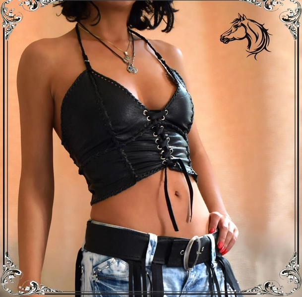 Leather halter bra top, leather biker top, Pagan bra, Leather Corset shirt, leather bikini top, burning man, steampunk lace top, punk, rave