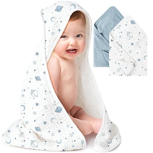 Konssy 2 Pack Muslin Hooded Baby Towels for Newborn Soft 100% Cotton Baby Bath Towel with Hood for Baby, Infant Ultra Absorbent, Baby Stuff Baby Bath Shower Gifts (Blue, Star,30" x 30") - Blue, Star