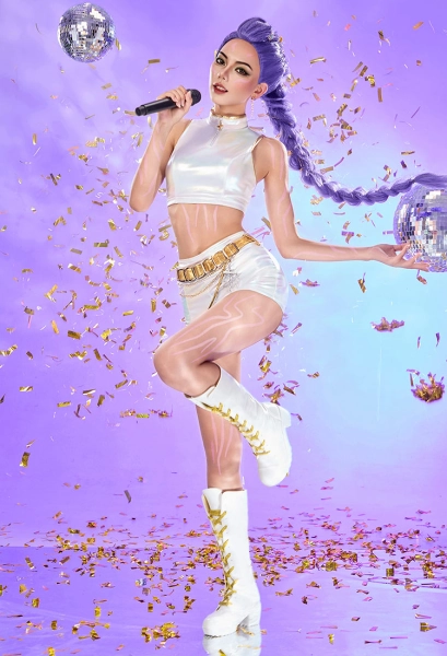 K-Pop: Demon Hunters Rumi Stage Cosplay Costume White Outfits High-Neck Crop Top and Shorts with Belt and Earrings