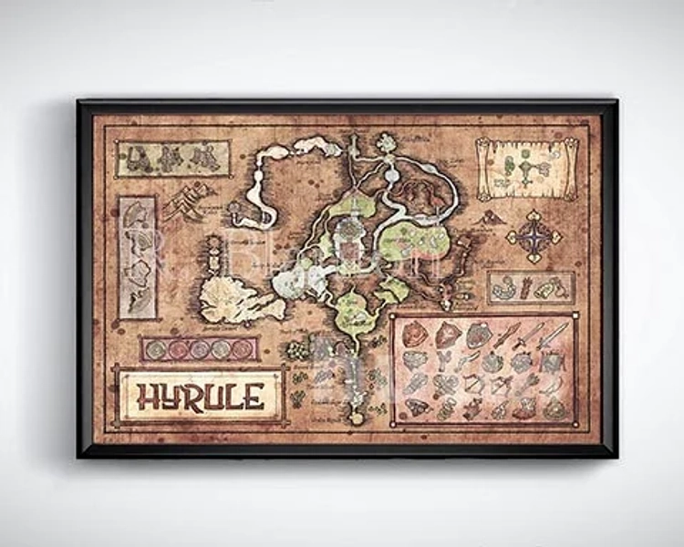 Map of Hyrule from Legend of Zelda, Twilight Princess - English or Hylian, Zelda Map, Hyrule Map 11x17 or 13x19 or 17x25