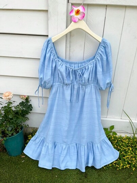 Milkmaid Dress Blue Front Tie Puff Sleeve Mini Dress