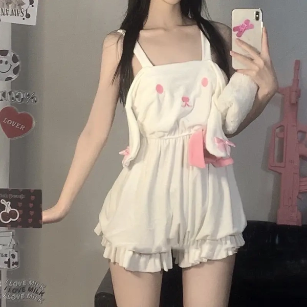 White and Pastel Pink Fairy-Kei Suspender Shortalls
