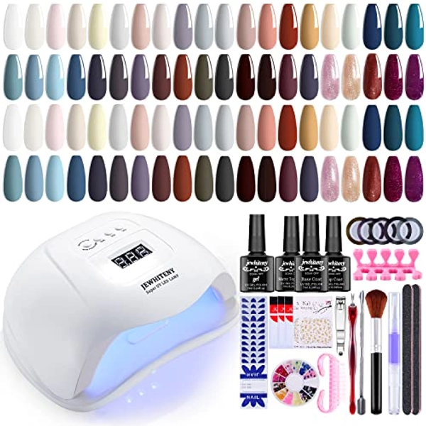 JEWHITENY 43 Pcs gel nail polish set with U V light,40 colours of gel nail polish with a base coat,glossy top coat and a matte top coat,the color matches the four seasons, it is the ideal holiday gift for women