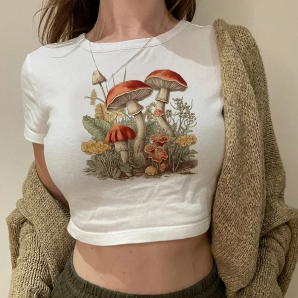 Mushrooms Fairycore Cottagecore Cute White Cropped T-Shirtl