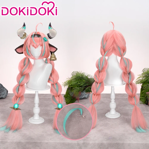 DokiDoki Game Genshin Impact Cosplay Varesa Wig Long Pink Green Highlights Hair Removable Ahoge