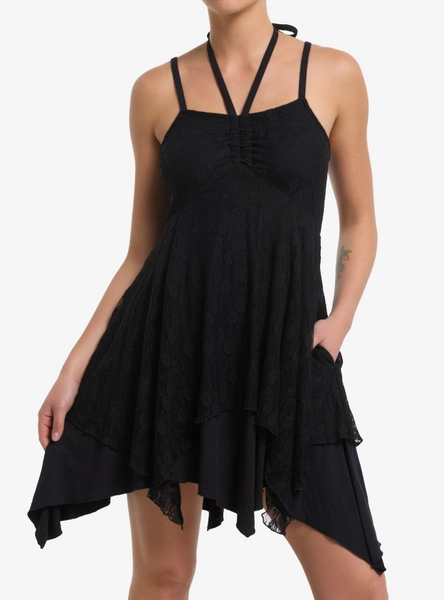 Black Lace Hanky Hem Halter Dress