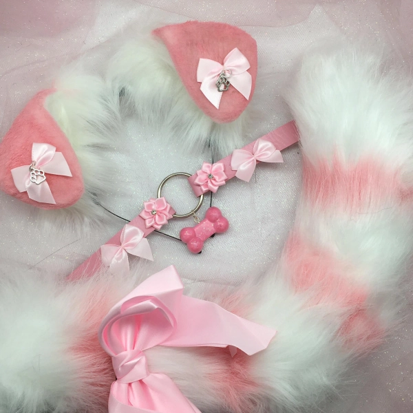 Pink Cosplay Puppy Dog headband Ears Tail Choker Collar Paw Costume Halloween necklace Fox wolf kitten cat